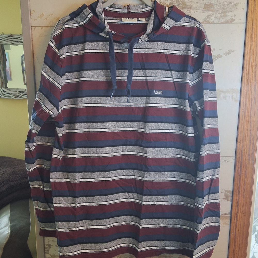 Vans Men's Striped Hoodie in Red, Blue, and Gray XL